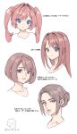  4girls banned_artist blue_eyes grey_hair hair_behind_ear hair_bun head_only head_tilt highres looking_at_viewer midori_foo multiple_girls original parted_lips pink_hair short_hair sketch smile translation_request twintails 