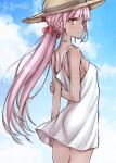  1girl arms_behind_back babydoll bangs blunt_bangs braid breasts cloud hat long_hair magia_record:_mahou_shoujo_madoka_magica_gaiden mahou_shoujo_madoka_magica pink_eyes pink_hair sidelocks sky small_breasts solo standing straw_hat studiozombie tamaki_iroha tan tanlines 