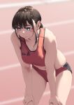  1girl blue_eyes blurry blurry_background breasts brown_hair cleavage collarbone commentary_request hands_on_own_knee jonsun large_breasts mole mole_under_eye navel original short_hair solo sports_bra sportswear tamami_(jonsun) track_and_field 