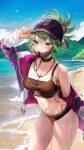  1girl arm_behind_back armpit_crease bangs bare_shoulders baseball_cap beach bird black_choker black_mask blue_sky blush body_markings breasts choker cleavage collarbone cowboy_shot crop_top crossed_bangs day genshin_impact green_hair hand_on_headwear hat highres hominamia jacket kuki_shinobu leaning_forward looking_at_viewer mask mask_pull micro_shorts mouth_hold mouth_mask navel ocean off_shoulder open_clothes open_jacket outdoors ponytail purple_eyes shorts sky solo standing stomach thighs wet whistle zipper_pull_tab 