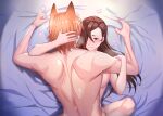  1boy 1girl absurdres animal_ears back blush breasts brown_hair clenched_hand commission commissioner_upload completely_nude couple fire_emblem fire_emblem_fates fox_ears hair_over_one_eye happy heart hetero highres implied_sex kaden_(fire_emblem) kagero_(fire_emblem) long_hair lying nude on_back on_person one_eye_covered orange_hair shiro_font smile sweat very_long_hair 