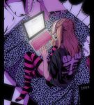  1girl amane_misa animal_print annicelric bag blonde_hair checkered_floor computer death_note death_note_(object) facing_away from_above from_behind full_body fur_trim headphones highres laptop leopard_print long_hair no_shoes on_bed pillow print_bed_sheet print_shirt shirt shopping_bag short_twintails sitting sitting_on_bed solo sticker striped striped_legwear t-shirt twintails 