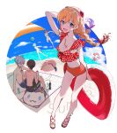  2boys 3girls arm_belt ayanami_rei ball bare_arms bare_legs beach beachball bikini blanket blue_eyes blue_hair border braid breasts brown_eyes cleavage closed_eyes cloud collarbone feeding full_body grey_hair hair_between_eyes hat headgear heart-shaped_innertube highres holding holding_innertube ikari_shinji innertube long_hair looking_at_another looking_at_viewer low-tied_long_hair makinami_mari_illustrious male_swimwear medium_breasts midriff multiple_boys multiple_girls nagisa_kaworu navel neon_genesis_evangelion ocean open_mouth orange_hair plaid_bikini_top plico_(nicoma) sandals shaved_ice sky smile souryuu_asuka_langley striped_umbrella sun_hat swim_trunks swimsuit umbrella watermelon_beachball white_swimsuit 