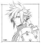  1boy armor border buster_sword cloud_strife earrings final_fantasy final_fantasy_vii final_fantasy_vii_remake greyscale hair_between_eyes hiryuu_(kugelcruor) jewelry looking_at_viewer male_focus monochrome portrait short_hair shoulder_armor single_earring sleeveless sleeveless_turtleneck solo spiked_hair turtleneck weapon weapon_on_back white_background 