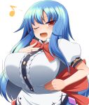  1girl alternate_costume blouse blue_hair breasts buttons fang fangs frills highres hinanawi_tenshi large_breasts long_hair puffy_short_sleeves puffy_sleeves red_eyes shirt short_sleeves simple_background solo touhou white_background white_shirt xialu_zajin 