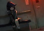  1girl animal_ears arknights bandages between_legs black_jacket black_shirt black_socks blood blood_on_bandages cat_ears commentary dark_blue_hair door dutch_angle feet_out_of_frame green_eyes hand_between_legs headset jacket jessica_(arknights) knee_pads long_hair long_sleeves looking_at_viewer melon_syrup open_clothes open_jacket ponytail shirt single_knee_pad sitting socks solo 