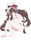  1girl 36kypop :p blue_archive blush breasts brown_hair collarbone flower full_body hair_flower hair_ornament long_hair maid_headdress purple_eyes shizuko_(blue_archive) simple_background small_breasts solo swimsuit tongue tongue_out twintails white_background 