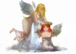  2girls angel_wings barefoot blonde_hair breasts commentary daible dress english_commentary feathered_wings flower_wreath flying full_body highres large_breasts long_dress long_hair looking_up multiple_girls mythra_(xenoblade) pyra_(xenoblade) red_eyes red_hair short_hair simple_background smile white_background white_dress wings xenoblade_chronicles_(series) xenoblade_chronicles_2 yellow_eyes 