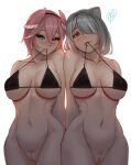  2girls abs absurdres animal_ears arms_behind_back bangs biting blue_eyes blush bottomless bra breasts cat_ears cleft_of_venus collarbone eyelashes female_pubic_hair grey_eyes hair_between_eyes hair_over_one_eye head head_wings highres hololive hourglass large_breasts looking_at_viewer looking_down mouth_hold multiple_girls myth1carts navel pink_hair pubic_hair ribs shishiro_botan short_hair simple_background smile takane_lui underwear white_hair 