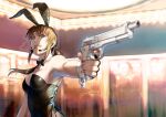  1girl animal_ears azasuke beretta_92 black_lagoon blurry blurry_foreground brown_hair cigarette depth_of_field earpiece fake_animal_ears finger_on_trigger gun handgun highres nail_polish playboy_bunny ponytail rabbit_ears revy_(black_lagoon) smoking solo weapon 