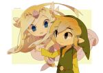  1boy 1girl artist_name back belt blonde_hair blue_eyes blush dress floating_hair ghost gloves green_headwear jewelry link long_hair looking_at_viewer multicolored_hair necklace pink_dress princess_zelda the_legend_of_zelda the_legend_of_zelda:_spirit_tracks the_legend_of_zelda:_the_wind_waker tiara tokuura toon_link toon_zelda 