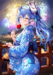  1girl ahoge blue_hair blue_ribbon blurry blurry_background blush breasts bridge candy_apple city_lights cityscape commentary depth_of_field fireworks fish flower food fox_mask goldfish hair_flower hair_ornament heart heart_ahoge highres hololive japanese_clothes kimono large_breasts looking_at_viewer mask night night_sky pointy_ears ribbon rin_yuu river sky solo virtual_youtuber yellow_eyes yukata yukihana_lamy 
