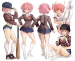  1girl baseball_bat breasts coffee doki_doki_literature_club hat highres looking_at_viewer multiple_views natsuki_(doki_doki_literature_club) pink_eyes pink_hair rakeemspoon school_uniform shoes short_hair short_shorts shorts simple_background skirt socks solo thighs white_background 