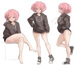  1girl bad_link breasts doki_doki_literature_club feet highres hood hoodie looking_at_viewer multiple_views natsuki_(doki_doki_literature_club) pink_eyes pink_hair rakeemspoon shoes short_hair simple_background solo thighs white_background 