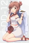  1girl barefoot blush brown_eyes brown_hair double_bun hair_bun highres kantai_collection kure_jirou military military_uniform naval_uniform official_alternate_costume open_mouth sandals shirt short_hair short_sleeves skirt smile solo tan_yang_(kancolle) twitter_username uniform white_shirt white_skirt yukikaze_(kancolle) 