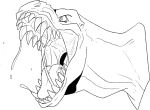  absurd_res black_and_white bodily_fluids dinosaur dripping headshot_portrait hi_res imperatorcaesar male monochrome open_mouth portrait pupils reptile saliva saliva_drip saliva_string scalie sharp_teeth side_view simple_background slit_pupils solo teeth tongue 