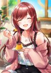  1girl bangs blush breasts cardigan cleavage closed_eyes collarbone dessert eating food highres holding holding_plate holding_spoon idolmaster idolmaster_shiny_colors indoors jewelry long_hair looking_at_viewer medium_breasts necklace off_shoulder open_cardigan open_clothes open_mouth osaki_amana pink_cardigan piroshiki123 plate pudding red_hair sitting smile solo spoon swept_bangs 