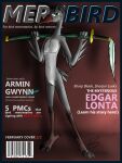  avian barcode bassybefuddle bird black_hair blue_border border cover edgar_lonta_(whaddon) english_text feathers featureless_crotch green_eyes grey_body grey_feathers hair heron hi_res katana looking_at_viewer magazine_cover male melee_weapon nude pelecaniform solo sword tail_feathers talons text weapon 