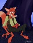  anthro bottomwear br&#039;er_fox canid canine clothed clothing erection fox foxmusk fur genitals grass hi_res male mammal open_bottomwear open_clothing open_pants orange_body orange_fur pants penis plant sharp_teeth shirt signature sitting smile solo song_of_the_south tagme teeth topwear tree 