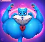  anthro anus big_butt blue_body breasts butt captain_jerkpants cartoon_network domestic_cat felid feline felis female hi_res looking_at_viewer lying mammal mature_female nicole_watterson on_back pawpads puffy_anus solo text the_amazing_world_of_gumball url 