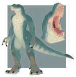  anthro black_claws blue_body blue_scales blue_tail brown_body brown_scales claws crocodilian featureless_crotch front_view gaping_mouth hi_res imperatorcaesar male nude open_mouth red_tongue reptile scales scalie simple_background solo standing tan_teeth tongue 