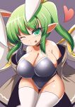  1girl alternate_costume animal_ears bangs black_leotard breasts cleavage daiyousei fairy_wings fake_animal_ears green_eyes green_hair highres leotard oppai_loli playboy_bunny pointy_ears rabbit_ears side_ponytail solo strapless strapless_leotard touhou wings xialu_zajin 