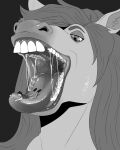  absurd_res anthro bodily_fluids bottomwear clothing equid equine eyebrows eyelashes female front_view glistening glistening_eyes glistening_lips glistening_tongue greyscale hair half-closed_eyes headshot_portrait hi_res horse human imminent_vore imperatorcaesar inner_ear_fluff lips male mammal monochrome mouth_shot narrowed_eyes open_mouth pants portrait saliva saliva_string shirt simple_background t-shirt teeth tongue tongue_out topwear tuft 