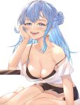  1girl absurdres bangs blue_eyes blue_hair blush breasts cleavage collarbone hair_between_eyes hair_bun highres hololive honkivampy hoshimachi_suisei jewelry long_hair looking_at_viewer medium_breasts open_mouth shirt short_shorts shorts smile solo star_(symbol) star_in_eye symbol_in_eye virtual_youtuber white_background 