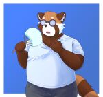  2022 ailurid anthro bari_mu bodily_fluids bottomwear clothing eyewear glasses hi_res humanoid_hands kemono male mammal overweight overweight_male pants red_panda shirt simple_background solo sweat topwear 