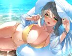  1girl bikini blue_archive blush breasts cleavage collarbone eel_mizue green_eyes hat large_breasts light_brown_hair long_hair looking_at_viewer lying navel nonomi_(blue_archive) nonomi_(swimsuit)_(blue_archive) on_side side-tie_bikini smile solo sun_hat swimsuit white_headwear yellow_bikini 