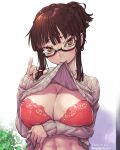  1girl amania_orz bra breasts brown_eyes brown_hair character_request clothes_lift copyright_request glasses highres large_breasts lingerie navel red_bra shirt_lift signature simple_background solo underwear white_background 