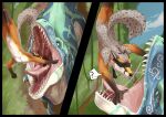 absurd_res ambiguous_gender anthro athletic athletic_anthro athletic_male back_markings black_markings black_nose blue_body blue_scales bodily_fluids canid canine dinosaur duo facial_markings fox fur grass green_body green_markings green_scales grey_body grey_ears grey_fur head_markings hi_res imminent_oral_vore imminent_vore imperatorcaesar inner_ear_fluff male mammal markings orange_body orange_fur outside pink_tongue plant reptile saliva saliva_on_tongue saliva_string scales scalie sharp_teeth spots spotted_body spotted_fur spotted_markings spotted_tail tail_markings teeth tongue tongue_out tuft white_body white_fur white_inner_ear_fluff yellow_body yellow_fur 