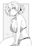  1girl bikini blush breasts closed_mouth collarbone commentary_request dated grey_background greyscale highres kichihachi large_breasts looking_at_viewer monochrome original short_hair sitting smile solo swimsuit thighs twitter_username two-tone_background white_background 