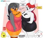  absurd_res anthro avian bird body_writing breast_squish breasts breasts_frottage cleavage clothed clothing dress duo female hair hi_res lagomorph leporid mammal mature_female nipple_outline rabbit rarehare red_hair squish 