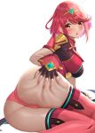  1girl :o absurdres ass bangs blush breasts fingerless_gloves gloves hand_on_own_ass highres large_breasts looking_at_viewer lying nemunemu_semi on_side parted_lips pyra_(xenoblade) red_eyes red_hair red_thighhighs solo thighhighs thighs xenoblade_chronicles_(series) xenoblade_chronicles_2 