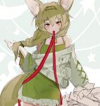 1girl animal_ear_fluff animal_ears arknights bangs bare_shoulders beanstalk_(arknights) beanstalk_(gift_uncompleted)_(arknights) bell blush braid cowboy_shot dress frilled_dress frills green_dress green_hair green_hairband grey_background grey_sweater hair_ornament hairband hairclip highres holding holding_hair long_hair long_sleeves looking_at_viewer mouth_hold neck_bell off-shoulder_sweater off_shoulder official_alternate_costume red_eyes sankichi_(croquette_crab) single_braid sketch solo star_(symbol) sweater tail 