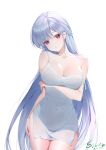  1girl :o absurdres arm_at_side arm_under_breasts bangs breasts cleavage collarbone covered_navel cowboy_shot dated dress grey_hair head_tilt highres large_breasts long_hair looking_at_viewer open_mouth original piao_qi_jiangjun red_eyes see-through short_dress side_slit signature simple_background solo straight_hair strap_slip very_long_hair wet wet_clothes wet_dress white_background 