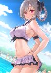  3boys 5girls :o bangs bare_shoulders bikini blush braid from_side grey_hair highres idolmaster idolmaster_cinderella_girls kanzaki_ranko looking_at_viewer looking_to_the_side mk_(mod0) multiple_boys multiple_girls navel outdoors parted_lips pink_eyes pool purple_bikini solo solo_focus swimsuit water wet 