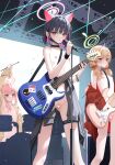  3girls absurdres ahoge animal_ears bare_shoulders bass_guitar black_hair blonde_hair blue_archive blue_eyes blush breasts censored choker closed_mouth clothes_around_waist colored_inner_animal_ears colored_inner_hair drum drum_set drumsticks electric_guitar exhibitionism extra_ears flat_chest guitar hair_ornament halo highres holding holding_drumsticks holding_guitar holding_instrument instrument jacket jacket_around_waist kazusa_(band)_(blue_archive) kazusa_(blue_archive) long_hair long_sleeves looking_at_viewer low_twintails mask mask_pull microphone mouth_mask multicolored_hair multiple_girls music naked_jacket natsu_(band)_(blue_archive) natsu_(blue_archive) nipples official_alternate_costume open_clothes open_jacket open_mouth paid_reward_available pink_eyes pink_hair playing_instrument public_indecency pussy pussy_juice ribbon shirt short_hair skirt smile standing thigh_strap twintails very_long_hair xiao_lin_jiu yoshimi_(band)_(blue_archive) yoshimi_(blue_archive) 