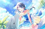  1girl ;d bare_shoulders blue_choker blue_dress blue_eyes blue_hair blue_hairband blue_sky bow_hairband choker cloud collarbone cross-laced_clothes cross-laced_dress dark_blue_hair dolphin dolphin_beach_(love_live!) dress dutch_angle frilled_cuffs frilled_dress frills game_cg hairband highres kneeling layered_dress lens_flare link!_like!_love_live! long_hair love_live! low_twintails medium_dress murano_sayaka off-shoulder_dress off_shoulder official_art one_eye_closed open_mouth palm_tree shoes short_sleeves sky smile solo third-party_source tree twintails virtual_youtuber water_drop wet white_footwear yellow_dress yellow_wrist_cuffs 