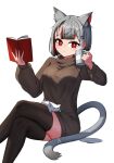  1girl :&lt; absurdres animal_ears black_thighhighs book breasts brown_sweater cat_ears cat_girl cat_tail crossed_legs cup ear_piercing extra_ears grey_hair highres holding holding_book holding_cup long_sleeves looking_at_viewer maro_(neneko_mashiro) medium_breasts mug multicolored_hair neneko_mashiro no_pants piercing red_eyes red_hair simple_background sseonyu stellive streaked_hair sweater tail thighhighs turtleneck turtleneck_sweater two-tone_hair virtual_youtuber white_background 