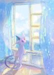  animal_focus bright_pupils curtains espeon forehead_jewel full_body highres indoors light_particles looking_outside no_humans ocean open_mouth pokemon pokemon_(creature) purple_eyes solo split_tail volpecorvo white_pupils window 