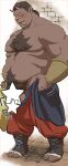  1boy bara big_belly blank_eyes blush boar_boy censored chest_tuft dressing dungeon_meshi embarrassed fat fat_man highres i&#039;ve_never_seen_a_guy_recreate_this_successfully_tbh_(meme) large_pectorals male_focus mature_male meme muscular muscular_male navel navel_hair open_pants orc pants pants_lift pectorals short_hair solo standing star_censor stomach testicles thick_navel_hair topless_male tusks zoku_bu zon_(dungeon_meshi) 