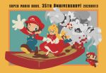  1girl 4boys alternate_color anniversary blank_eyes blonde_hair blue_eyes blue_overalls border brown_footwear claws copyright_name crown dated earrings facial_hair famicom game_console gloves holding_hands jewelry luigi mario mario_(series) multiple_boys mustache one_eye_closed open_mouth overalls pixels princess_peach puffy_short_sleeves puffy_sleeves running short_sleeves super_mario_bros._1 toad_(mario) ukata white_gloves yellow_border 