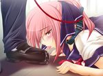  bdsm blush bondage bound bow collar cum foot_licking game_cg hair_bow hair_ribbon hetero humiliation iizuki_tasuku kirihara_mana kneeling leash licking open_mouth pink_eyes pink_hair ponytail ribbon saliva school_uniform serafuku slave solo_focus tears temptation temptation_h tongue 