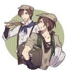  2boys bag beret black_gloves border brothers brown_eyes brown_hair clenched_teeth collared_shirt commentary fire_emblem fire_emblem:_genealogy_of_the_holy_war gloves green_background grey_hat haconeri hat high_collar holding holding_bag holding_stick iuchar_(fire_emblem) iucharba_(fire_emblem) male_focus multiple_boys open_mouth outside_border pectoral_cleavage pectorals round_border shirt siblings stick sweat symbol-only_commentary teeth v-shaped_eyebrows white_border white_shirt 