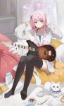  1girl absurdres animal_with_heterochromia bass_guitar black_tea black_thighhighs blue_archive blush cat collarbone cup dress feathered_wings hair_bun halo highres indoors instrument jsscj knees_up long_hair long_sleeves looking_at_viewer mika_(blue_archive) milk_carton no_shoes pink_hair saucer single_side_bun sitting smile solo tea teacup thighhighs v very_long_hair w white_cat white_dress white_wings wings 