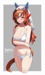  1girl a.nori animal_ears artist_name bikini breasts brown_hair cleavage collarbone commentary_request crossed_arms dated grey_background hair_between_eyes hair_ornament horse_ears horse_tail looking_at_viewer navel red_eyes simple_background small_breasts still_in_love_(umamusume) swimsuit tail umamusume veil 