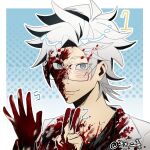  1boy absurdres black_shirt blood blood_in_hair blood_on_clothes blood_on_face blood_on_hands blue_eyes chinese_commentary closed_mouth commentary_request dated dbhid glasses hand_gesture highres kanou_aogu long_sleeves male_focus open_clothes portrait rectangular_eyewear saibou_shinkyoku semi-rimless_eyewear shirt short_hair smile solo white_hair 