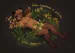 anthro arm_tuft brown_background brown_body brown_fur brown_hair chruscik_(dudelinooo) covering english_text eyes_closed flower fur grass hair hi_res hyena lgbt_pride lying male mammal markings mastectomy_scar nude nudelinooo on_back plant relaxing scar simple_background smile solo spots spotted_body spotted_fur spotted_hyena text trans_(lore) trans_day_of_visibility trans_man_(lore) tuft